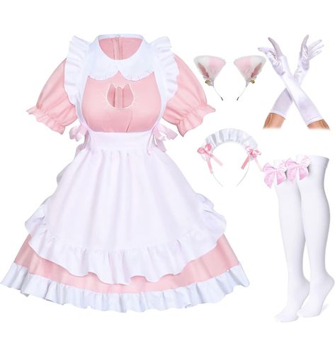 Maid Outfit Pink, Cat Maid Outfit, Pink Maid Outfit, Cat In Pink, Skirts Outfits, Outfit Pink, Maid Outfit, Maid Dress, Pink Cat