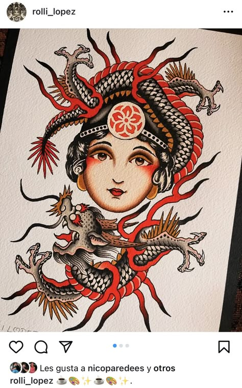 #traditionaltattoo #flashtattoo #oldschooltattoo #classictattoo #traditionalflash #rollilopez Traditional girl - Dragon girl Traditional Girl Tattoo, Hydra Tattoo, Traditional Dragon Tattoo, Dragon Traditional, Traditional Dragon, Traditional Girl, Flash Ideas, Traditional Flash, Flash Sheet