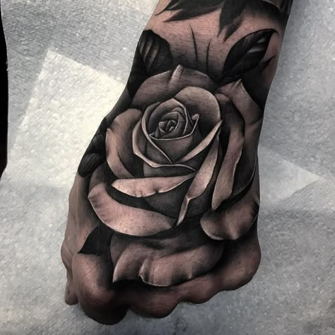 Hand Tattoo Cover Up, Realistic Rose Tattoo, Rose Drawing Tattoo, Rose Hand Tattoo, Timeless Tattoo, Rose Tattoos For Men, Palm Tattoos, Black Rose Tattoos, Tattoos Geometric