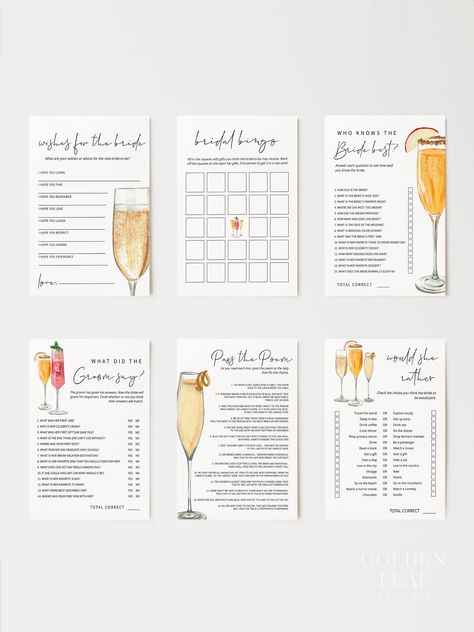 Modern Bridal Shower Games, Bridal Shower Party Games, Bridal Shower Ideas Games, Champagne Bridal Shower Theme, Bridal Shower Game, Bridal Shower Games Free Printables, Modern Bachelorette Party, Bachelorette Brunch, Pearl Bridal Shower