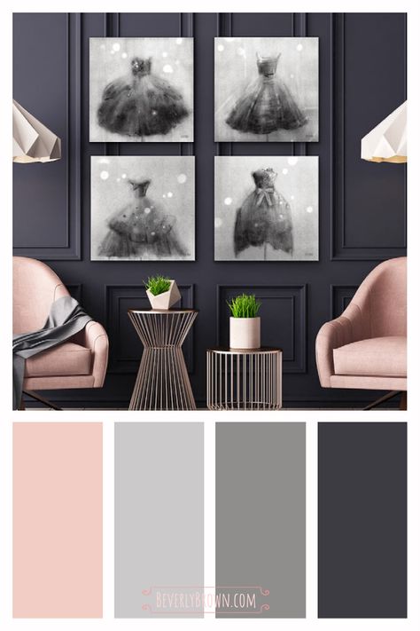 A gallery wall of black, white and grey vintage-inspired fashion art prints by New York artist, Beverly Brown, are the inspiration of this chic, feminine interior color palette of blush pink & light grey with dark charcoal grey walls. The fashion artwork is for sale through BeverlyBrown.com in multiple sizes on fine paper, stretched canvas, metal or acrylic with optional framing. Pink And Grey Pallet Colour Palettes, Grey Pink Colour Palette, Pink Tan And Grey Living Room, Grey And Black Color Schemes, Black White And Pink Decor, Charcoal Colour Palette, Colors That Go With Grey, Grey And Blush Bedroom Ideas, Grey And White Color Palette