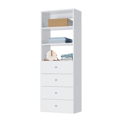 PRICES MAY VARY. SHELF TOWER WITH 4 DRAWERS - the perfect mix of drawers & shelves to organize your closets with ease and style! Unit is 25.5" wide and can hold up to 350 lb. Comes with chrome drawer knobs & all the necessary installation hardware. PATENTED SYSTEM - our modular system installs right onto the wall of your closet. It makes planning your design really simple, and is the strongest closet organizers and storage system on the market. BUILT IN CLOSET ORGANIZER SYSTEMS - this shelving t Closet System With Drawers, Modular Closet System, Wide Closet, Modular Closet, Built In Closet, Corner Closet, Closet Shelving, Modular Closets, Dresser In Closet