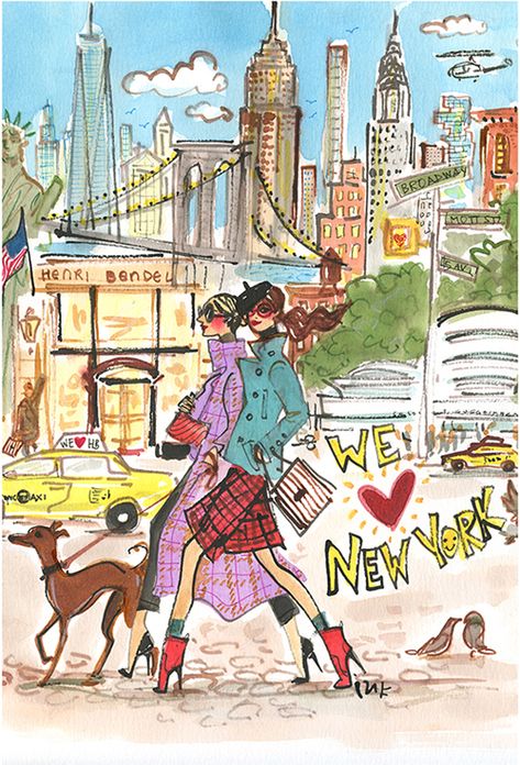 The History Behind Henri Bendel | Fashion.Luxury Izak Zenou #illustration #fashionillustration #nyc #newyork #walkingdog https://www.traffic-nyc.com/artists/izak-zenou Henri Bendel Illustration, Izak Zenou, Nyc Drawing, New York Illustration, Chic Illustration, Girly Graphics, Fashion Wall Art, Fashion Art Illustration, Henri Bendel