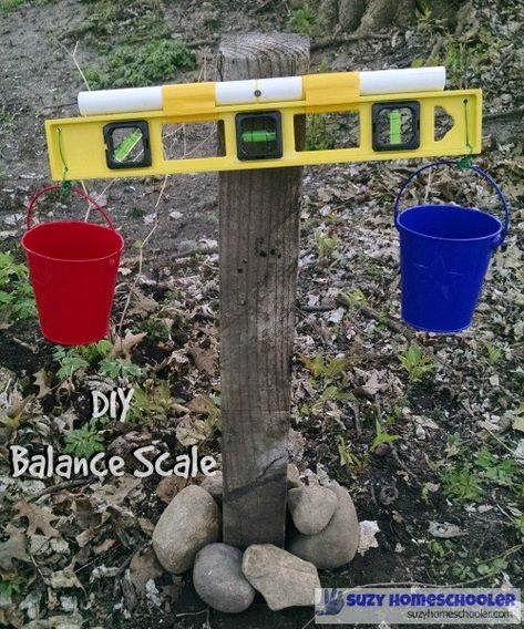 Make a simple balance scale for your backyard. Diy Kids Playground, Preschool Playground, Outdoor Learning Spaces, Outdoor Play Spaces, Balance Scale, Outdoor Play Areas, Sensory Garden, Kids Outdoor Play, Natural Playground