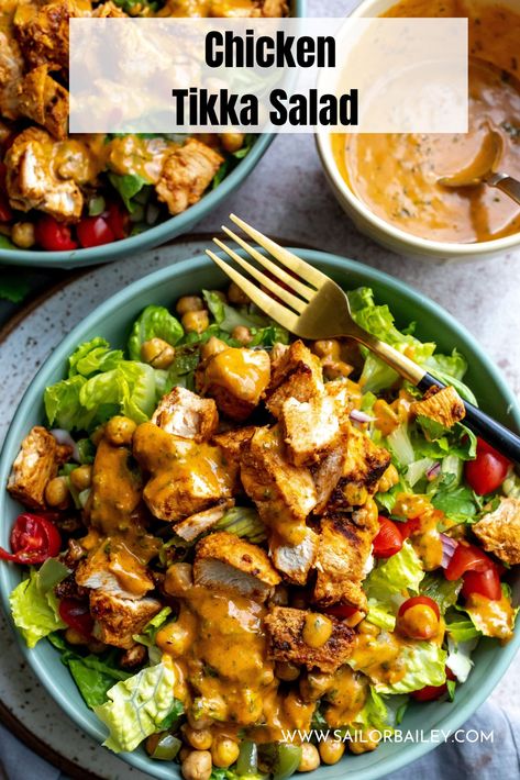 Chicken Tikka Salad is an Indian inspired salad with full, well rounded flavors and texture. You will love this change up, it's unique and mouth watering good. via @sailor_bailey Salad Indian, Indian Salad Ideas, Chicken Tikka Salad, Indian Chicken Salad Recipe, Unique Chicken Salad Recipes, Unique Meal Prep, Indian Chicken Salad, Chicken Tikka Salad Recipe, Indian Inspired Salad