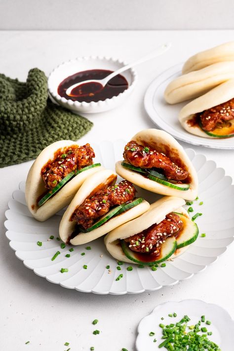 Korean Fried Chicken Bao Buns Korean Chicken Bao Buns, Korean Bao Buns, Bao Buns Recipe Chicken, Chicken Bao Buns Recipe, Korean Fried Chicken Bao, Korean Chicken Bao, Chicken Bao Buns, Bao Chicken, Bao Buns Recipe