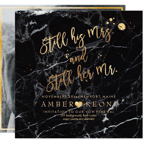 PixDezines stylish brush script vow renewal or wedding anniversary in faux gold foil with black marble background. PixDezines dynamic designs allow you to edit any element on this invitation template. Copyright (c) 2016 PixDezines.com(tm) and PixDezines(tm) on zazzle.com. All rights reserved. Wedding Vowel Renewal Dresses, Black Wedding Vow Renewal, All Black Vow Renewal, Dark And Moody Vow Renewal, Black Vow Renewal Dress, October Vow Renewal, Fall Vowel Renewal Ideas, Black And White Vow Renewal, Vow Renewal Color Schemes