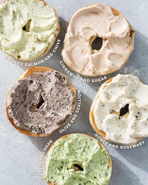 Cream Cheese Bagel Spread, Rosemary Cream Cheese, Bagel Photography, Bagel Spread Recipes, Bagel Packaging, Breakfast Bbq, Bagel Flavors, Bagel Ideas, Bagel And Cream Cheese