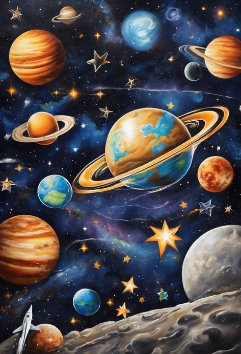 Space scene mural Check more at https://paintlyx.com/space-scene-mural/ Astronomical Painting, Painting Of Space And Planets, Nebula Wallpaper, Planet Painting, Solar System Art, Creative Haven Coloring Books, Creative Wall Painting, Baby First Birthday Themes, Owl Canvas