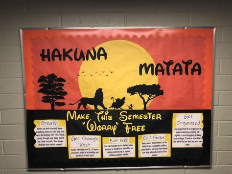 The Lion King Bulletin Board, Bulletin Board Themes College, Lion King Bulletin Board, Safari Bulletin Boards, Teachers Lounge Decor, Jungle Bulletin Boards, Disney Bulletin Boards, Residence Life Bulletin Boards, Environmental Club