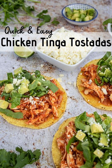 These chicken tinga tostadas are easy to make and full of flavor! Easily customizable, they are perfect for a crowd or picky eaters! Try our tinga shrimp tostadas variation too! Chicken Tinga Tostadas, Tinga Tostadas, Mineral Balancing, Baked Tostadas, Rv Meals, Shrimp Tostadas, Tostada Recipes, Chicken Tinga, Easy Summer Dinners