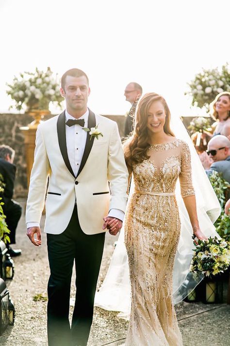 They are newlyweds! Bride in a beautiful non-traditional gold glam wedding dress: http://www.stylemepretty.com/destination-weddings/puerto-rico-weddings/2016/08/26/plaza-la-rogativa-wedding/ Photography: Enuel Viera - http://www.enuelviera.com/ Gold Gowns, Non White Wedding Dresses, Silver Wedding Dress, Gold Wedding Gowns, Glam Wedding Dress, Beaded Wedding Gowns, Gold Wedding Dress, Gold Wedding Theme, Wedding Winter