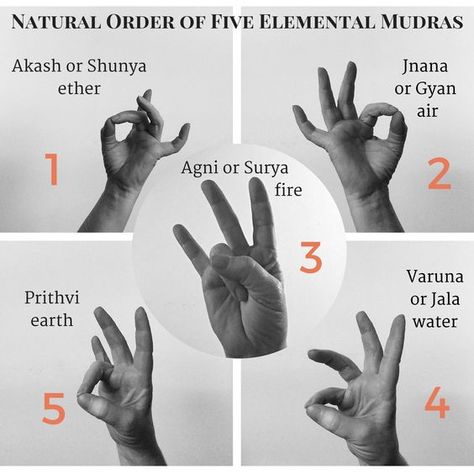 Nature Order of five Elements Mudras Mudras for the earth element will include your ring finger Mudras for the air element will incorporate your index finger Mudras for the fire element will include your thumb Mudras for the water element will incorporate your pinky or little finger Mudras for the ether element will focus on your middle finger  For perfect knowledge of different asanas, massage and yoga class and course you are welcome to Spiritual School of Yoga in Rishikesh.  Visit Here-http:/ Hand Mudras, Yoga Facts, Yoga Kundalini, Yoga Hands, Meditation Exercises, Healing Yoga, Yoga Mantras, Hand Gesture, 5 Elements