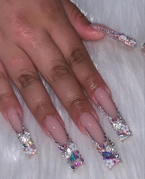 Nails Full Of Rhinestones, Xl Long Acrylic Nails Birthday, Xl Rhinestone Nails, Medium Length Bling Nails, Rhinestone Junk Nails, Fully Blinged Out Nails, Long Acrylic Nails Rhinestones, Full Bling Nail Set, Blinged Out Nails Rhinestones Pink