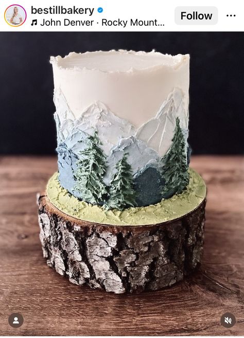 Moose Birthday Cake, Small Mountain Wedding Cake, Pallet Cake Design, Mountain Cake Birthday, Outdoor Birthday Cake, Mountain Cake Ideas, Forest Cake Ideas, Landscape Cake, Snowboard Cake