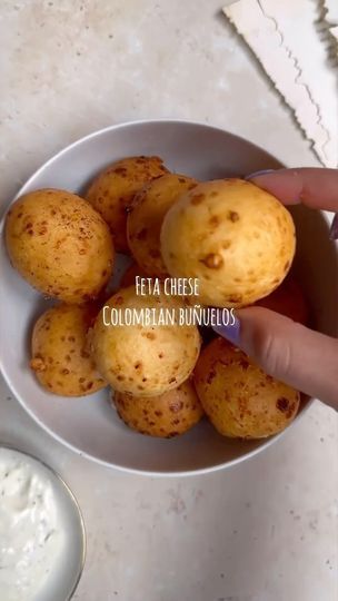 Colombian Bunuelos Recipe, Bunuelos Recipe, Colombian Recipes, Vegan Feta, Vegan Feta Cheese, Colombian Food, Cassava Flour, Healthy Food Dishes, Hot Oil