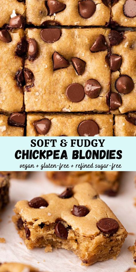 Chickpea Blondies, Vegan Blondies, Vegan Dessert Bars, Chickpea Cookies, Gluten Free Chocolate Chip, Photo Food, Almond Joy, Toddler Snacks, Vegan Dessert