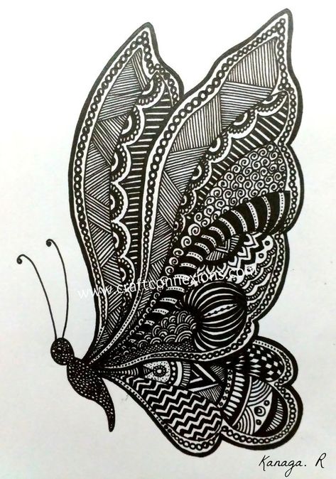 Simple Doodles Butterfly, Doodle Butterfly, Zantangle Art, Butterfly Drawing, Simple Doodles, Butterfly Design, Doodles, Black And White, White