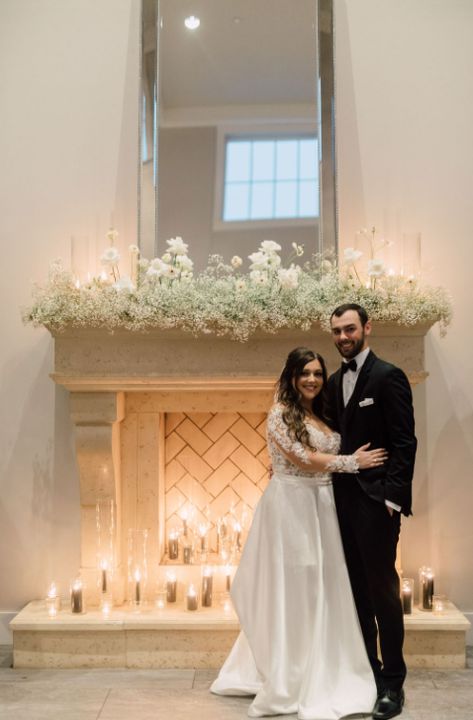 Photo By: Lydia Ruth Photography Wedding In Front Of Fireplace, Wedding Fireplace Decor, Wedding Fireplace Decorations, Fireplace Florals, Wedding Mantle, Fireplace Wedding, Florals For Wedding, Fireplace Candles, Mantle Candles