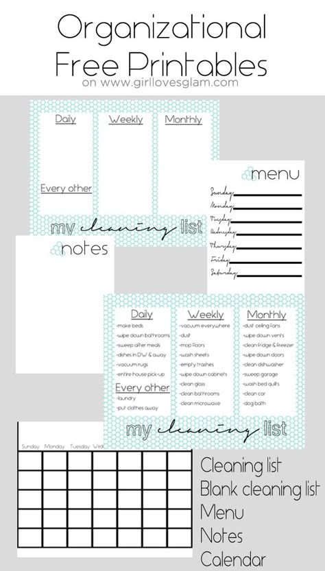 Organizational Free Printables including cleaning list, blank cleaning list, menu, notes and calendar on www.girllovesglam.com Comand Center, Command Station, Command Center Organization, Landing Zone, Home Command Center, Command Centers, Center Organization, Free Printable Planner, Family Command Center