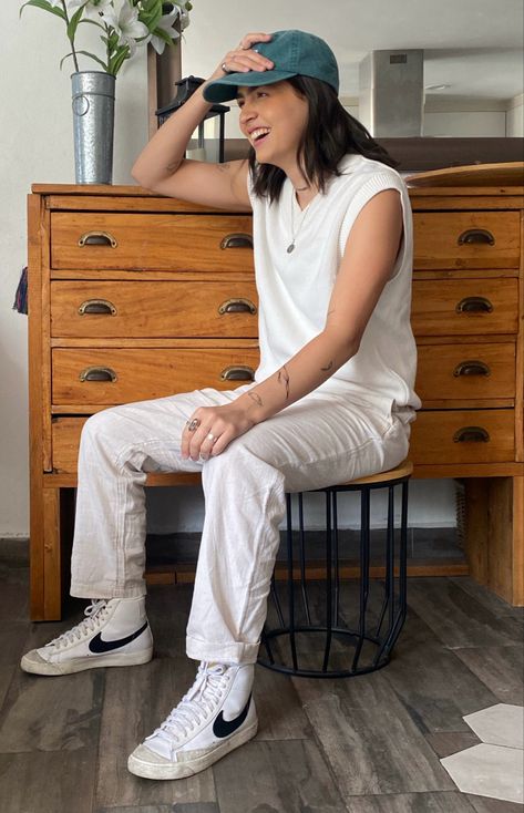 All White Masc Outfit, Masc Beach Outfits For Women, Queer Fashion Women Summer, Lesbian Beach Outfit, Nike Blazer Outfit Street Style, Gay Style Women, Tomboy Girly Outfits, White Sweater Vest Outfit, Blue Cap Outfit