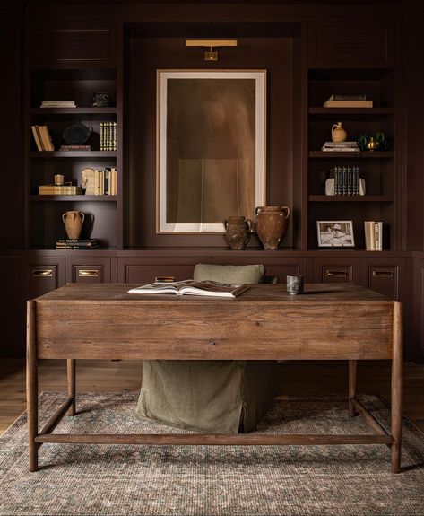 Rustic Front Desk, Office With Two Chairs, Office With Small Window, Office With Brown Desk, Doctor Home Office, Modern Mountain Home Office, Small Office Solutions, Wood Paneled Office, Moody Feminine Office