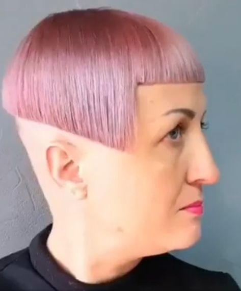 Bowl Cut For Women, Micro Fringe, Short Stacked Bob Hairstyles, Hair Bobs, Very Short Pixie Cuts, Pink Bob, Nape Haircut, Shaved Head Women, Stacked Bob Hairstyles