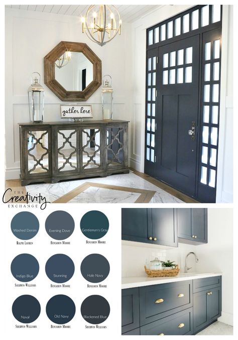 The best navy paint colors. Navy Paint Colors For Furniture, Navy Blue Trim Interior, Deep Navy Paint Colors, Deep Navy Blue Paint, Dusty Navy Blue Paint, Navy Blue Interior Doors, Midnight Blue Paint Colors, Dulux Navy Blue Paint Colors, Best Navy Paint For Cabinets