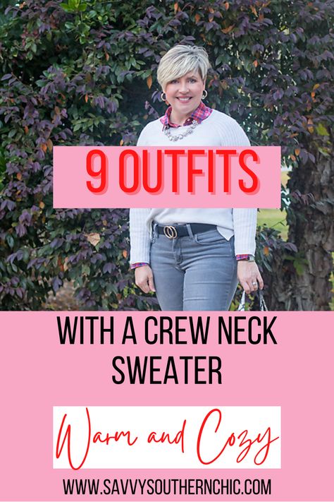 9 crew neck sweater outfits for women over 40. A crew neck sweater can be a winter wardrobe staple. Learn how to style this winter must have 9 ways. Lots of outfit inspo for winter. See these chic winter outfits with a crew neck sweater. Crewneck Outfit Dressy, Round Neck Sweater Outfit, Crew Neck Sweater Outfits, Women’s Crew Neck Sweatshirts, Crewneck Sweater Outfits Women, Styling Crew Neck Sweater, How To Wear A Crew Neck Sweater, Crew Neck Tshirt Women Outfit, Style Crew Neck Sweater