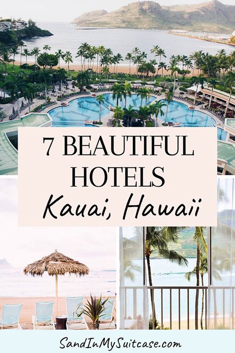 What are the best places to stay in Kauai? Check out these 7 beautiful Kauai hotels, from boutique to family-friendly to grand. #Kauai #Hawaii #luxuryresort #luxuryhotel #hotelreview Kauai Hotels, Princeville Kauai, Grand Hyatt Kauai, Kauai Resorts, Kauai Vacation, Poipu Beach, Hawaii Travel Guide, Marriott Resorts, Hawaii Hotels