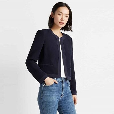 Tuesday's Workwear Report: Textured Collarless Jacket - Corporette.com Club Jacket, Pro Club, 2020 Vision, Collarless Jacket, Textured Jacket, Clothes Summer, Navy Blazer, Comfy Fashion, Winter 2023