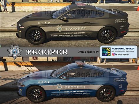 Custom State trooper skin designed for FiveM ready Mustang Police. Get your 4k livery design for your fivem vehicles. Police Vehicle Design, Police Car Design, Livery Design, Nitro Cars, For Mustang, Car Wraps, State Trooper, Car Artwork, Police Car