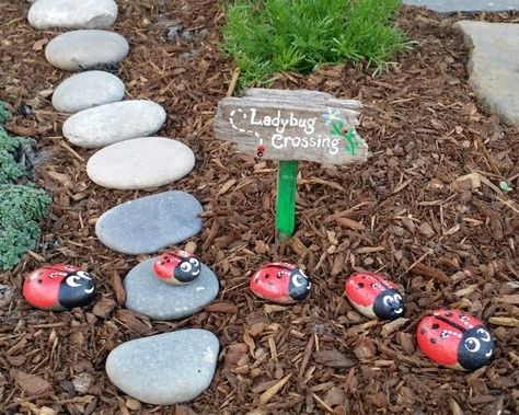 Ladybug crossing in my fairy garden. So cute! Elementary Courtyard Ideas, Ladybird House Diy, Ladybug Crossing, Decorated Garden, Kids Fairy Garden, Ladybug Garden, Fairy Garden Furniture, Fairy Garden Crafts, Fairy Garden Designs