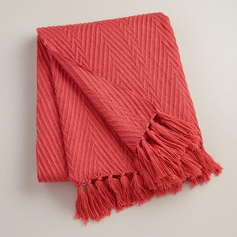 One of my favorite discoveries at WorldMarket.com: Coral Herringbone Oversized Throw Coral Throw Blanket, White And Beige Bedroom, Blanket Inspiration, Coral Room, Coral Bedroom, Oversized Throw Blanket, Coral Decor, Stylish Throw Pillows, Guest Room Office