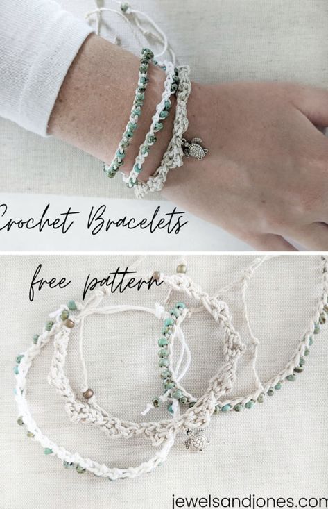 Crochet Beaded Bracelets – Free Crochet Pattern Crochet Boho Bracelet, Beaded Crochet Jewelry, Seed Bead Crochet Patterns Free, Crochet Friendship Bracelets, Crochet Bracelet Tutorial, Crochet With Beads, Bracelets With Beads, Yarn Jewelry, Crochet Bracelets