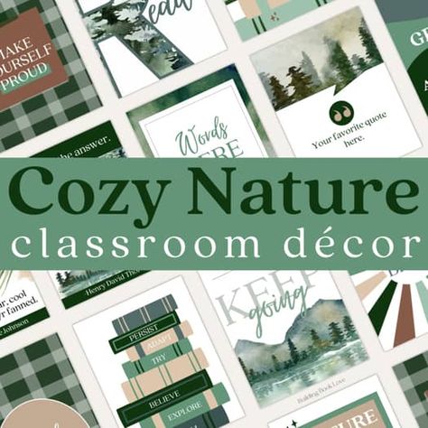 Nature Classroom Decor: Middle School, High School Decor Themes, Canva Editable Wood Theme Classroom Decor, Calm Nature Classroom Decor, Classroom Winter Decorations, Green Themed Classroom, High School Classroom Themes, Middle School English Classroom Decor, Unique Classroom Themes Elementary, Nature Themed Classroom Decor, Unique Classroom Themes