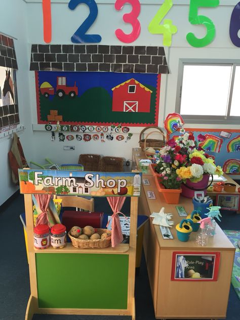 Farm shop role play area Farm Role Play Area, Farm Shop Role Play, Farm Role Play Area Eyfs, Farm Shop Role Play Eyfs, Eyfs Role Play, Animal Role Play, Play Area Ideas, Farm Unit Preschool, Shop Role Play