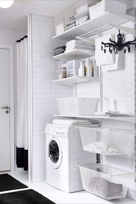 Ikea Laundry, Ikea Laundry Room, Laundry Room Tile, Laundry Shelves, White Laundry Rooms, Stylish Laundry Room, Laundry Room Closet, White Laundry, Laundry Room Shelves