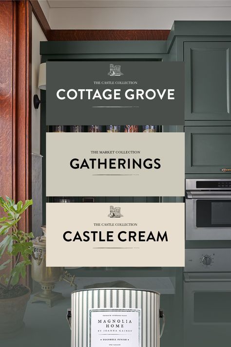 Magnolia Homes Color Palette, Magnolia Home Green Paint Colors, Cottage Grove Paint, Cottage Grove Magnolia Paint, Deep Green Color Palette, Magnolia Home Paint Colors, Magnolia Paint Colors, Joanna Gaines Paint, Magnolia Homes Paint