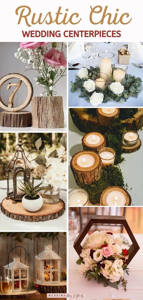 When planning a country-style wedding, you want to find simple and cheap rustic decorations that matches your theme but is still elegant enough to be part of the rehearsal dinners or wedding décor. In this blog post, you will find fresh ideas for rustic chic wedding centerpieces for spring and fall weddings that will help you set up a romantic rustic décor and turn your tables into amazing decor displays. Unique Rustic Centerpieces, Country Chic Wedding Centerpieces, Rustic Chic Rehearsal Dinner Decor, Rustic Bridal Shower Decorations Table Centerpieces, Rustic Chic Centerpieces, Fall Centerpiece For Wedding, Chic Wedding Theme Ideas, Diy Centre Pieces Wedding Rustic, Rustic Glam Wedding Table Decor