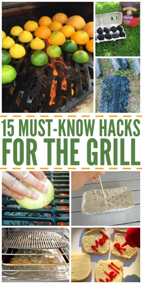 15 Must-know hacks for the grill, collage of citrus fruit grilling, charcoal in an egg tray, disassembled grill, onion scrub, smoker box, grill racks and ketchuping buns Charcoal Grilling Recipes, Charcoal Bbq Recipes, Charcoal Recipes, Charcoal Grill Recipes, Grilled Snacks, Food Tutorials, Helpful Hacks, Grill Rack, Hacks And Tips