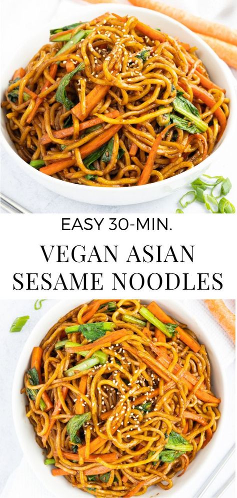 Vegan Asian Sesame Noodles. Thick chewy noodles smothered in a sesame soy sauce with yu choy, carrots, green onions and garlic. A delicious meatless side for dinner or lunch. Very easy to make and comes together in less than 30 minutes! #vegan #veganrecipe #vegannoodles #veganfood #asianrecipe #asiannoodles #asianfood #chineserecipe #chinesenoodles #veganasiannoodles #noodles #easyrecipes #dinner #lunch Vegan Miso Noodles, Vegan Asian Side Dishes, Vegan Asian Noodle Recipes, Vegan Singapore Noodles, Vegan Garlic Noodles, Vegan Rice Noodle Recipes, Vegetarian Noodle Recipes, Vegan Asian Noodles, Vegan Noodle Recipes