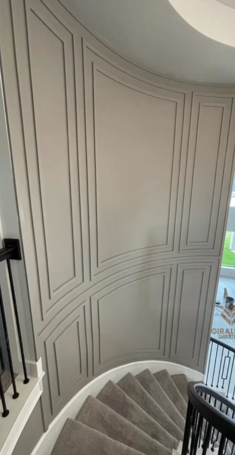 Curved Staircase Wall Molding, Curved Staircase Accent Wall, Curved Stairs Design, Staircase Accent Wall, Stair Moulding, Staircase Wall Design, Staircase Molding, Round Stairs, Wall Molding Design