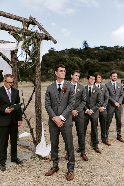 Medium Gray Suits Groomsmen, Groom And Groomsman Suit, Grey Groom Suit Fall Wedding, Groomsman Charcoal Suit, Charcoal Suits Wedding, Men Grey Tuxedo Wedding, Groom Different Suit Than Groomsmen, Slate Gray Groomsmen Suits, Dark Tweed Wedding Suit