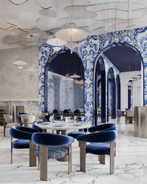 Home Restaurant Ideas, Amalfi Interior Design, Bistro Design Interior, Restaurant Concept Ideas, Sea Interior Design, Cafe Restaurant Design, Blue Restaurant, Cafe Design Inspiration, Underwater Restaurant