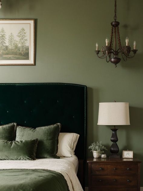 Forest Green Velvet Bed, Dark Green Velvet Headboard, Dark Green Upholstered Bed, Olive Green Bedroom Panelling, Dark Green Velvet Bed, Green Bed Bedroom, Dark Green Headboard, Green Velvet Bedroom Ideas, Green Headboard Bedroom Ideas