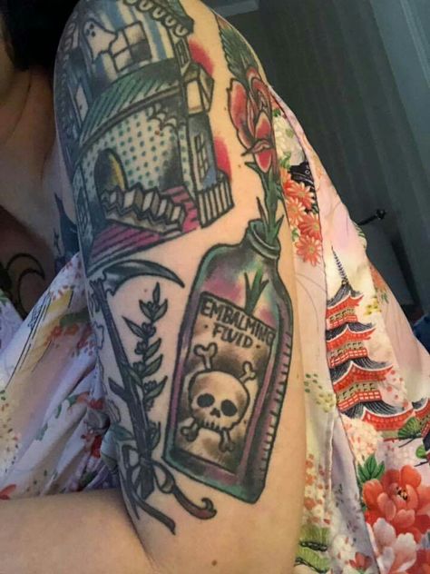 Embalmer Tattoo, Embalming Tattoo, Fluid Tattoo, Embalming Fluid, Funky Tattoos, Halloween Tattoos, Elegant Tattoos, Traditional Tattoo, Tattoo Art