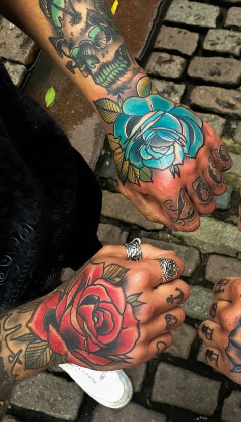 Blue Rose On Hand Tattoo, Rose Hand Sleeve Tattoo, Red Hand Tattoo Men, Blue Rose Hand Tattoo, Red Rose Tattoo Men, Blue Hand Tattoo, Red Rose Hand Tattoo, Rose Hand Tattoo Men, Tattoo Rose Hand