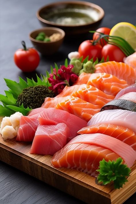 A popular Japanese dish consisting of an assortment of raw fish slices. It is a culinary delight that showcases the freshness and natural flavors of the fish. Sashimi is typically made with high-quality, sushi-grade fish such as salmon, tuna, yellowtail, snapper, or octopus. Crepe Cake Recipe, Sashimi Platter, Pasta Bread, Sandwich Lunch, Bread Sandwich, Sushi Platter, Raw Fish, Sustainable Seafood, Foreign Food