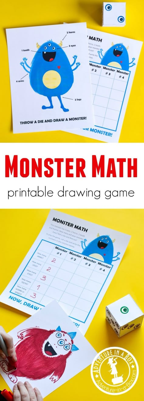 Monster Math is a printable game that challenges children to draw while working on simple math - counting, number writing and recognition. Roll a die and see what kind of monster you will draw. Most suitable for teaching math at #preschool and #kindergart Monster Fruit, Math Games Kindergarten, Steam Activities For Kids, Kids Gratitude Journal, Math Drawing, Games Kindergarten, Gratitude Journal For Kids, Number Writing, Kindergarten Math Games